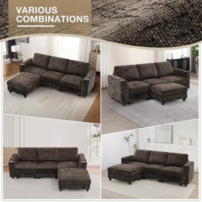 87" Chenille 3 Seater Couch with Soft Ottoman, Brown | L-Shape Sectional Sofa with Durable Cup Holders, Upholstered Sofa with Comfy Backrests for Living Room, House - color: Brown, size: 87" L-Shape