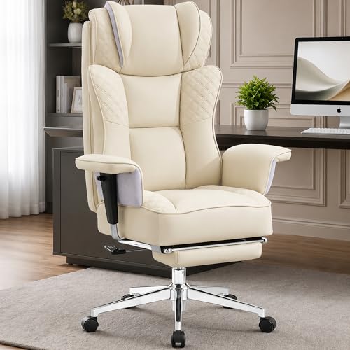 Office Desk Chair, High-Back Big and Tall Leather Chair with Footrest | Ergonomic Reclining Computer Chairs, Comfy Executive Wide Chair with Lumbar Support, Adjustable Armrests, 400LBS (Beige) - color: Beige