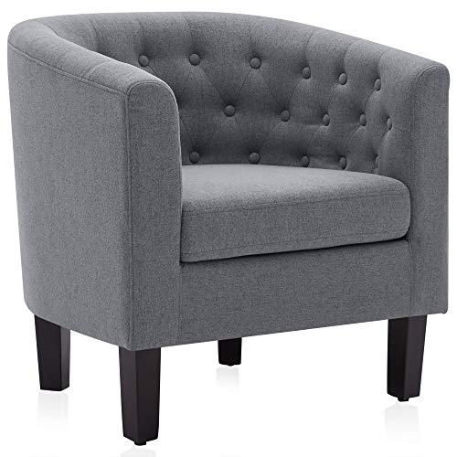 BELLEZE Accent Barrel Arm Chair, Modern Comfy Upholstered Tufted Club Chair with Sturdy Legs and Linen Fabric for Bedroom Living Room - Gray - color: Grey, size: 1 x Linen Chair