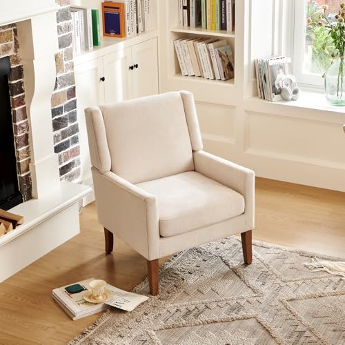 COLAMY Modern Wingback Living Room Chair, Upholstered Fabric Accent Armchair, Single Sofa Chair with Lounge Seat and Wood Legs for Office/Bedroom/Reading Spaces, Beige - color: Beige, size: Set of 1