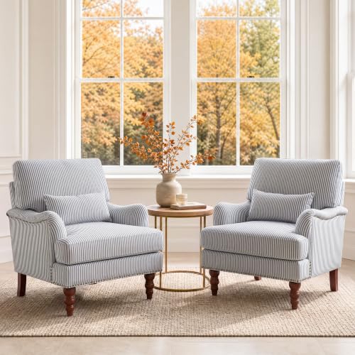 Mid-Century Modern Accent Chair with Lumbar Pillow, Pinstripe Blue, 2 Pack | Upholstered Chenille Armchair, Solid Wood Frame & Legs, Comfy Reading Lounge Sofa for Living Room Bedroom, & Small Spaces - color: Pinstripe Blue, size: 2 Seat