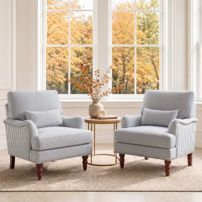 Mid-Century Modern Accent Chair with Lumbar Pillow, Pinstripe Blue, 2 Pack | Upholstered Chenille Armchair, Solid Wood Frame & Legs, Comfy Reading Lounge Sofa for Living Room Bedroom, & Small Spaces - color: Pinstripe Blue, size: 2 Seat