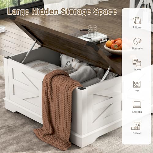 Hlivelood 36" Farmhouse Movable Lift Top Coffee Table with Storage and Power Outlets, Square Wood Living Room Tables with Wheels&Large Hidden Space, Lift Wooden Barn Door Center Table, White - color: White