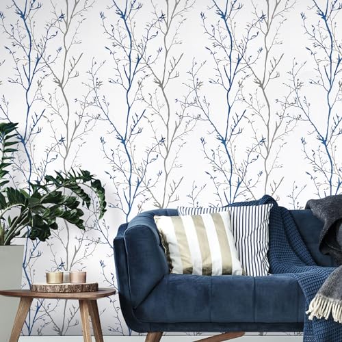 Grey Blue Tree Branches Peel and Stick Contact Paper 17.7" x 236" Modern Tree Branch Removable Wallpaper Natural Wall Paper Self-Adhesive Vinyl for Drawer Liner Furniture Crafts Accent Walls - size: 17.7" x 236"