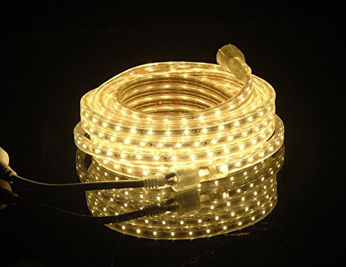UL Listed, 20 Feet, 2100 Lumen, 3000K Warm White, Dimmable, 110-120V AC Flexible Flat LED Strip Rope Light, 360 Units 3528 SMD LEDs, Indoor Outdoor Use, Accessories Included, Ready to use - color: Warm White 3000K
