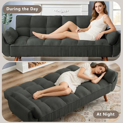 Futon Sofa Bed Modern Convertible Sleeper Sofa, 75” Linen Twin Size Futon Couch Comfy Recliner Sofa Couch with Adjustable Split Backrest for Living Room Small Spaces, Dark Grey - color: Dark Grey