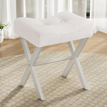 18-Inch Vanity Stool Chair, White Padded Saddle Makeup Stool | Teddy Flannel Vanity Bench, Metal X-Leg, 300 LBS, 16.3"x12.4"x18", Ottoman Accent Stool, Breathable Soft Saddle Seat - size: Small, style: White Fabric