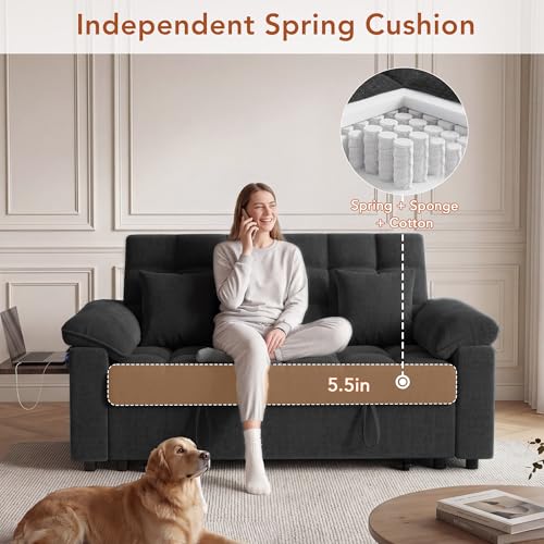 Vipbear Sleeper Sofa Bed, 70" Pull Out Futon Couch with Small Table| USB Port | Side Pockets | Tool-Free Assembly | Adjustable Backrest for Apartment, Office, Guest Room, Chenille Black - color: Black