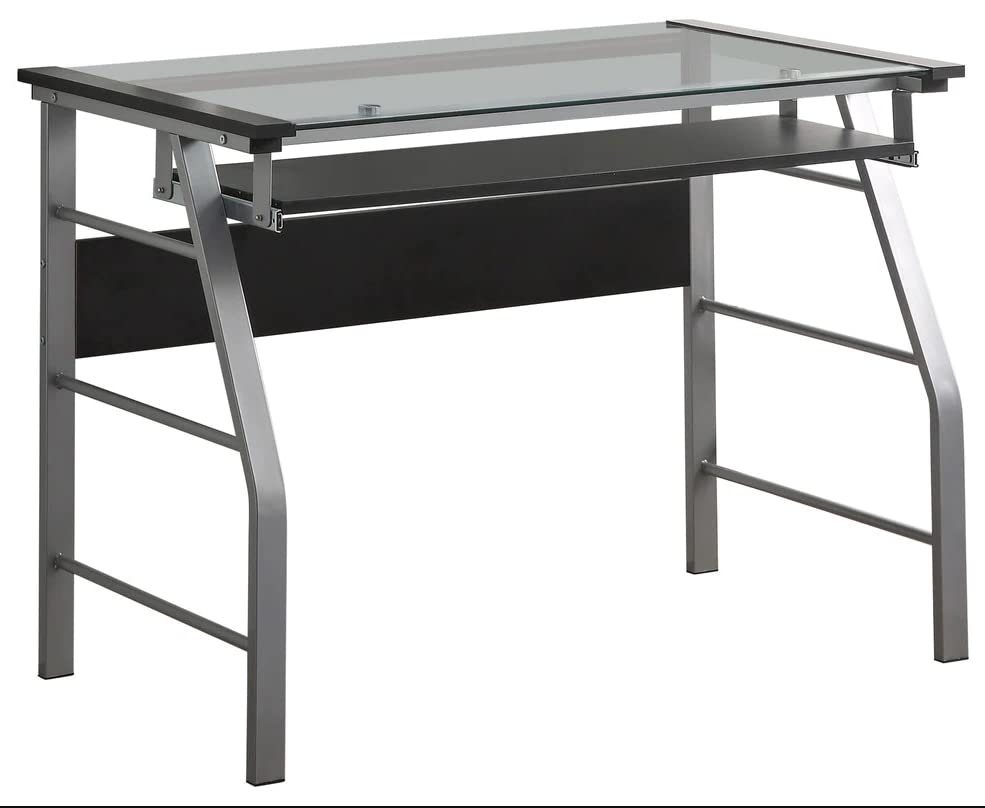 King's Brand Metal and Glass Top Home Office Computer Desk/Table, Silver Finish
