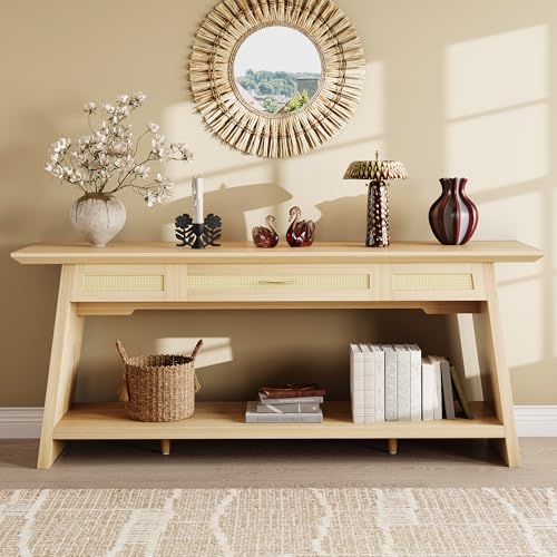 iPormis 70.9 Inches Rattan Entryway Table with Drawer, Narrow Long Console Table Behind Sofa, Wood Entry Accent Hallway Table for Living Room, Behind Couch, Entrance, Natural - color: Natural