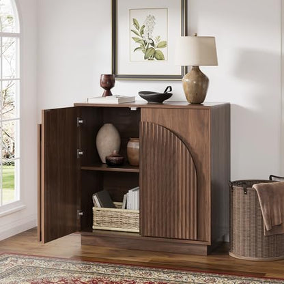 win2win 31.5" Small Buffet Cabinet with Storage, Arched Doors, Walnut, 1PCS | Modern Console Cabinet for Dining Living Room Kitchen Entryway, Modular Accent Cabinet, Credenza with Wood Grain, Fluted - color: Walnut