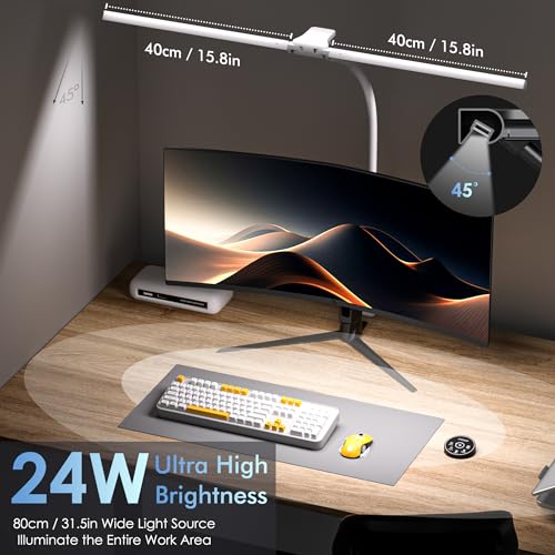 EYOCEAN Desk Lamp with Clamp, 31.5" LED Desk Lamp for Home Office, 24W Double Head Desk Light, Dimmable & Color Temperature, Table Lamp with Remote Control, Brightest Computer Monitor Light - color: White