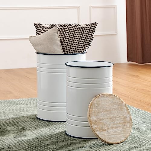 Glitzhome Rustic Storage Ottoman Seat Stool, Farmhouse End Table, Galvanized Dark Blue Rim Imitation Enamel Accent Side Table Toy Box Bin with Round Wood Lid for Living Room, Set of 2, White - color: White