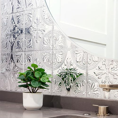 Peel and Stick Metal Backsplash Tiles, Silver Fleur, 10-Pack | 8 x 8 in tile size; Covers up to 4.44 sq ft; Aluminum; Water-resistant surface; For kitchens, ceilings, DIY projects - style: Silver Fleur