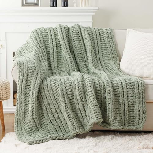Battilo Chunky Knit Throw Blanket for Couch, 50"x60", Sage Green | Sage Blanket Hand Knit Cozy Warm Thick Soft Chenille Throw Blanket for Bed, Sofa, Chair, Living Room - color: Sage Green