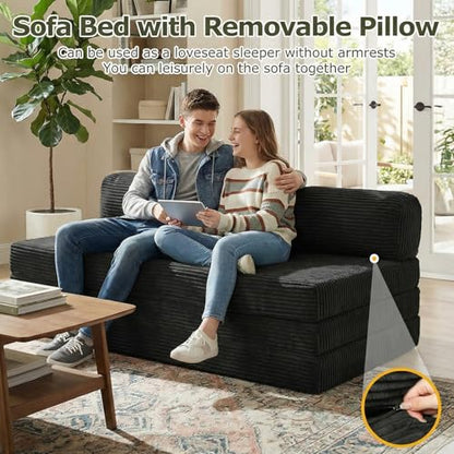 5-in-1 Convertible Sofa Bed, Boneless Loveseat with Removable Cushions & Washable Cover, Futon Sofa Bed with Handle, Pull Out Couch for Small Spaces, King Size, Black - color: Black, size: King Size-83''L*76''W