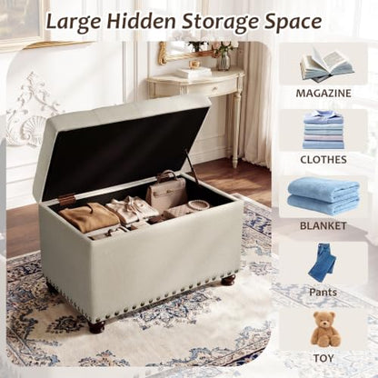 Ottoman with Storage,24" Fabric Ottoman Foot Rest with Hinged Lid Small Rectangle Upholstered Button Tufted Foot Stools Ottomans for Bedroom Living Room Entryway,Beige - color: Beige,bronze Rivets