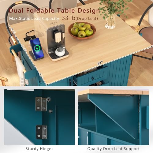 55.7'' Large Kitchen Island with 2 Drop Leaf, Rolling Kitchen Cart on 5 Wheels with Power Outlet, Folding Storage Dining Table with Spice & Towel Rack, 3 Drawers, for Kitchen, Dining Room,Green - style: Green