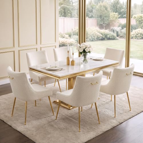 WUTUTUEE Velvet Dining Chairs Set of 6 Gold Legs,Upholstered Velvet Accent Chairs, Pleated Back Design & Gold Pull Handle, Mid Century Modern Chairs for Dining/Kitchen/Living Room,Beige - color: Beige, size: Set of 6