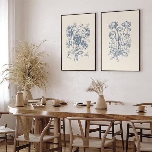 Tanmart Blue Floral Wall Art Decor Vintage Flower Canvas Pictures Boho Botanical Wall Art Prints Minimalist Floral Poster Rustic Flower Painting for Bedroom Bathroom 12x16 Inch Unframed Set of 2 - color: Blue Rose Art, size: 12"x16" Unframed