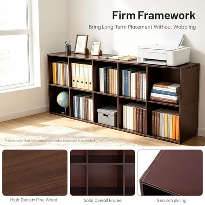 10 Cube Storage Organizer - Pine Wood Bookshelf - Cube Shelf - Vertical or Horizontal Bookcase - Open Book Shelf - Easy Assembly for Bedroom, Living Room, Office - Brown - size: 10 Cube