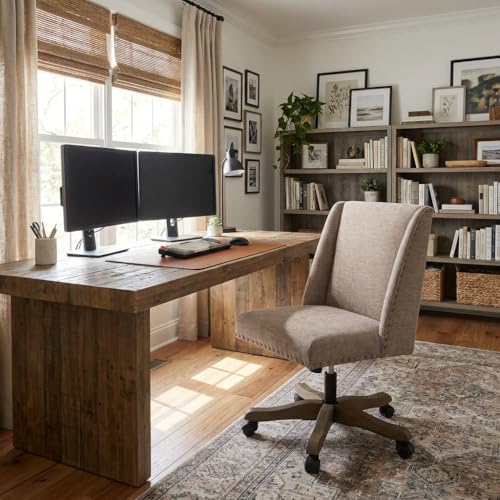 Upholstered Armless Office Chair Fabric Swivel Home Desk Chair with Wheels | Modern Comfy Boho Office Chair with Wooden Legs Adjustable Desk Chair no Arms for Sewing Women Farmhouse Study Studio Brown - color: Brown