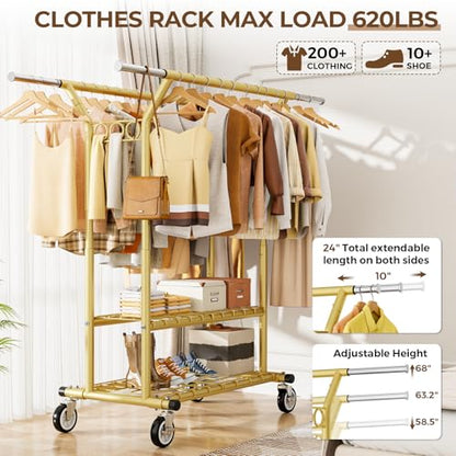 HYSEYY Heavy Duty Clothes Rack, Rolling Clothing Racks With Shelves Load 620 LBS, Double Rod Clothing Racks for Hanging Clothes, Portable& Adjustable Clothes Rack with Wheels Garment Rack,Gold - color: Gold