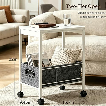 Slim Rolling Side Table with Basket, Narrow Storage Cart on Wheels for Sofa | Rolling side table with basket for living room, bedroom | Holds lamp, plants | Wood-metal shelf | Nightstand, printer stand