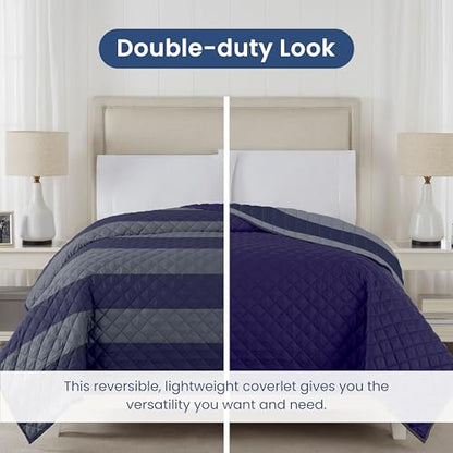 Martex Reversible Coverlet, Full Queen, Rugby Stripe/Navy | Lightweight, Durable, Soft, Easy Care, Reversible - color: Rugby Stripe/Navy, size: Full/Queen