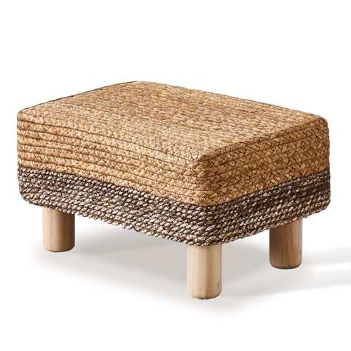Wimarsbon Natural Seagrass Footstool Ottoman Rectangular Footrest Pouf Ottomans with Wooden Legs Hand Weave Step Stool for Living Room Bedroom Entryway Purple - color: Purple, size: 12"D x 16.5"W x 9.5"H