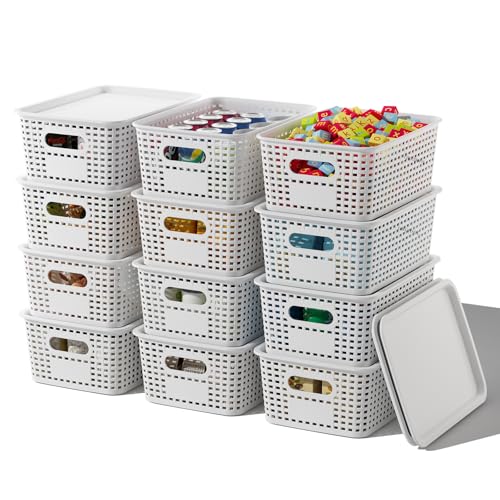 ORGIDOL Plastic Storage Basket with Lids 12 Pack Stackable Storage Bins Containers with Lid, Decorative Storage Boxes for Organizing Shelves, Drawers, Playroom, Classroom, Office, Closet, White - color: White, size: 12 Pack