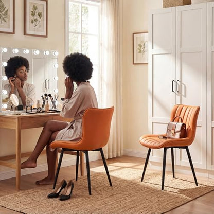 YOUNUOKE Dining Chairs Set of 2 Mid-Century Modern Kitchen Chair Orange | Faux leather upholstered with Back, fits dining living waiting room guest reception. Waterproof easy to clean assemble, 300lb - color: Camel