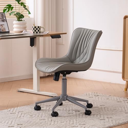 YOUTASTE Grey Armless Office Chair, Modern Adjustable Swivel Desk Chair with Wheels, Upholstered PU Leather, Gray Metal Legs, Back Support for Home Office, Study, Vanity, Bedroom - color: All Grey