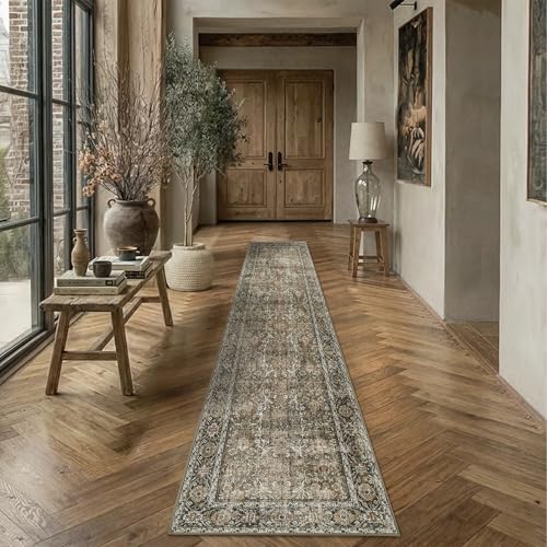 Brown Runner Rug 2.6x12 Vintage Traditional Distressed | Washable, Non Slip, Soft Low Pile, Extra Long Hallway Carpet for Kitchen, Entryway, Laundry Room, Farmhouse Decor - color: Accent Brown, size: 2'6" x 12' (Runner)