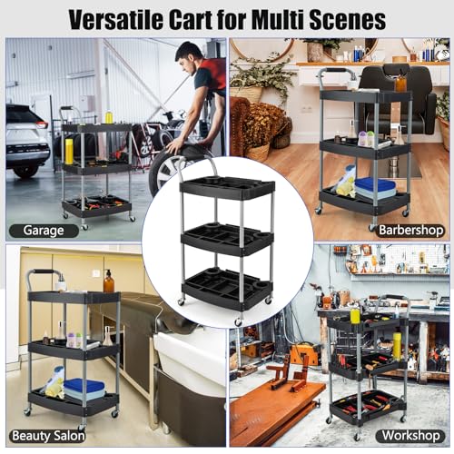 3 Tier Rolling Utility Cart with Compartment & Universal Wheels | 3 Shelf Rolling Storage Cart, Plastic Tool Cart Organizer for Garage, Office, Home, Warehouse, Repair Shop