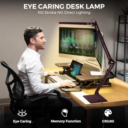 LED Desk Lamp with Slim Base - Adjustable Swing Arm Desk Light, Dimmable, Timer, Eye Protection, Memory Function, 1300LM, 12W, Red - style: Red swing arm with Base