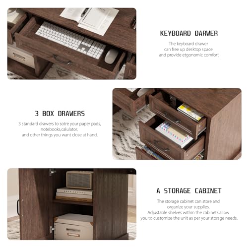 CARPETNAL 58'' Farmhouse Executive Desk with Drawers, Home Office Desk with File Drawer and Storage Cabinet, Rustic Computer Desk for Working, Studying, Writing, Brown - color: Brown