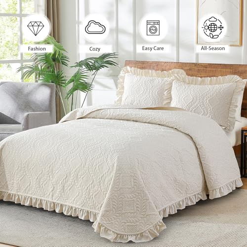 DJY Quilts Queen Size, Ruffled Reversible Bedding Set, Beige | Lightweight Soft Coverlet, Embossed Quilted Blanket Quilt Bed Cover for All Season, 96''x90''(1Quilt, 2 Pillow Shams) - color: Beige, size: Queen