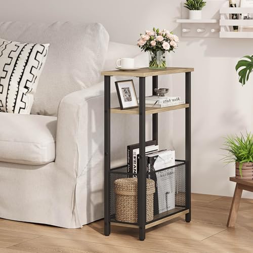 MMEOLUOOK Narrow Side Table with Storage Basket Skinny End Tables for Smalls Spaces 3 Tier Sofa Table Small Nightstand Slim Bedside Table for Living Room Bedroom Greige MLBZ22GR - color: Greige