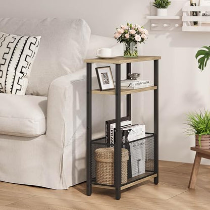 MMEOLUOOK Narrow Side Table with Storage Basket Skinny End Tables for Smalls Spaces 3 Tier Sofa Table Small Nightstand Slim Bedside Table for Living Room Bedroom Greige MLBZ22GR - color: Greige
