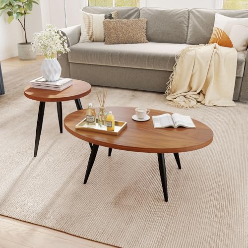 2-Piece Oval & Round Nesting Coffee Table Set | Separable to Serve as Individual Side Tables, Equipped with 7 Glossy Smooth Painted Metal Legs