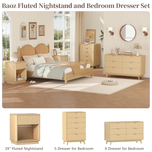 Baoz Oak Fluted Nightstand with Charging Station & 1 Drawers for Bedroom | 19" Wide Mid Century Modern Bedside Table Natural Wood Curved Profile Design Night Stand Metal Handle - color: Oak, size: 1 Drawers