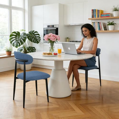 FREKEN Modern Upholstered Dining Chairs Set of 2, Mid-Century Metal Frame Linen Fabric Side Chair for Kitchen Dining Room, 350lbs Capacity, Blue - color: Blue - Black Legs, size: Set of 2
