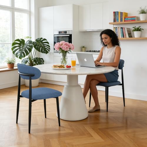 FREKEN Modern Upholstered Dining Chairs Set of 6, Mid-Century Metal Frame Linen Fabric Side Chair for Kitchen Dining Room, 350lbs Capacity, Blue - color: Blue - Black Legs, size: Set of 6