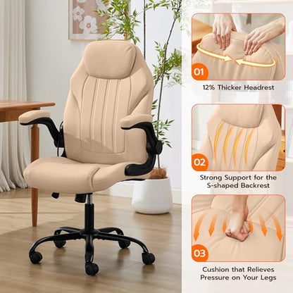 Ylzyxal Office Desk Chair, Ergonomic Computer Chair with Padded Flip-Up Arms and Adjustable Lumbar Support, PU Leather Executive Chair with Tilt Lock and 360° Swivel Rolling Wheels for Work, Study - color: Beige