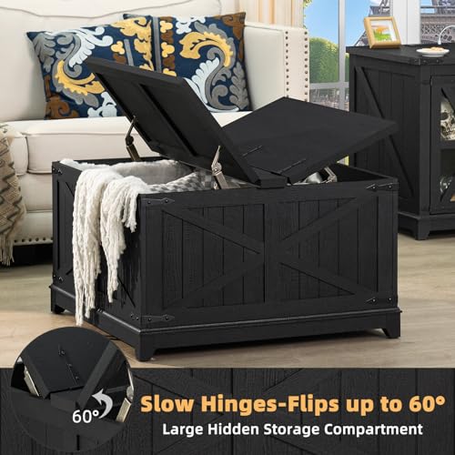 Joaxswe Farmhouse Coffee Table with Hidden Storage Organizer, Black Square Large Center Table, Wood Farm House Low Modern Living Room Tables with Hinged Lift Top for Home, Office - color: Black, style: With Legs