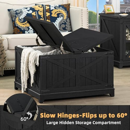 Joaxswe Farmhouse Coffee Table with Hidden Storage Organizer, Black Square Large Center Table, Wood Farm House Low Modern Living Room Tables with Hinged Lift Top for Home, Office - color: Black, style: With Legs