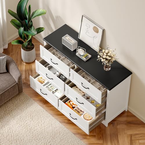 Gizoon 47" 6 Drawer Dresser, White & Black Chest of Drawers Bedroom | 6 drawer wood dresser with metal handles. Storage cabinet organizer for bedroom, kids nursery room and home office - color: White-black