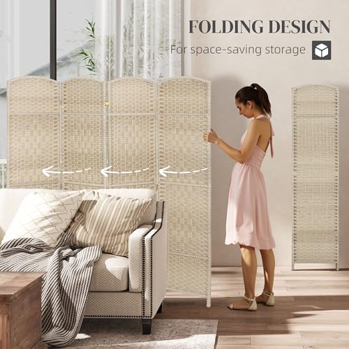 HOMCOM 4 Panel Room Divider 6 Ft Privacy Screen Hand-Woven Washed Oak | Folding PP Wall Partition, Pine Wood Frame, Freestanding Room Separator, Bedroom Home Office, No Assembly - color: Washed Oak, size: 4 Panel