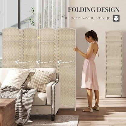 HOMCOM 4 Panel Room Divider 6 Ft Privacy Screen Hand-Woven Washed Oak | Folding PP Wall Partition, Pine Wood Frame, Freestanding Room Separator, Bedroom Home Office, No Assembly - color: Washed Oak, size: 4 Panel